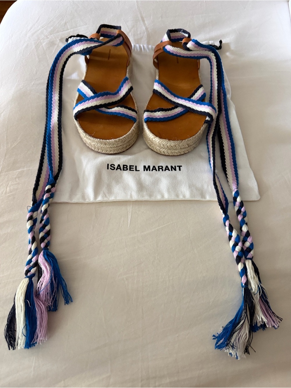 Isabel Marant Blue, Pink & White Striped Espadrille Wedge Sandals